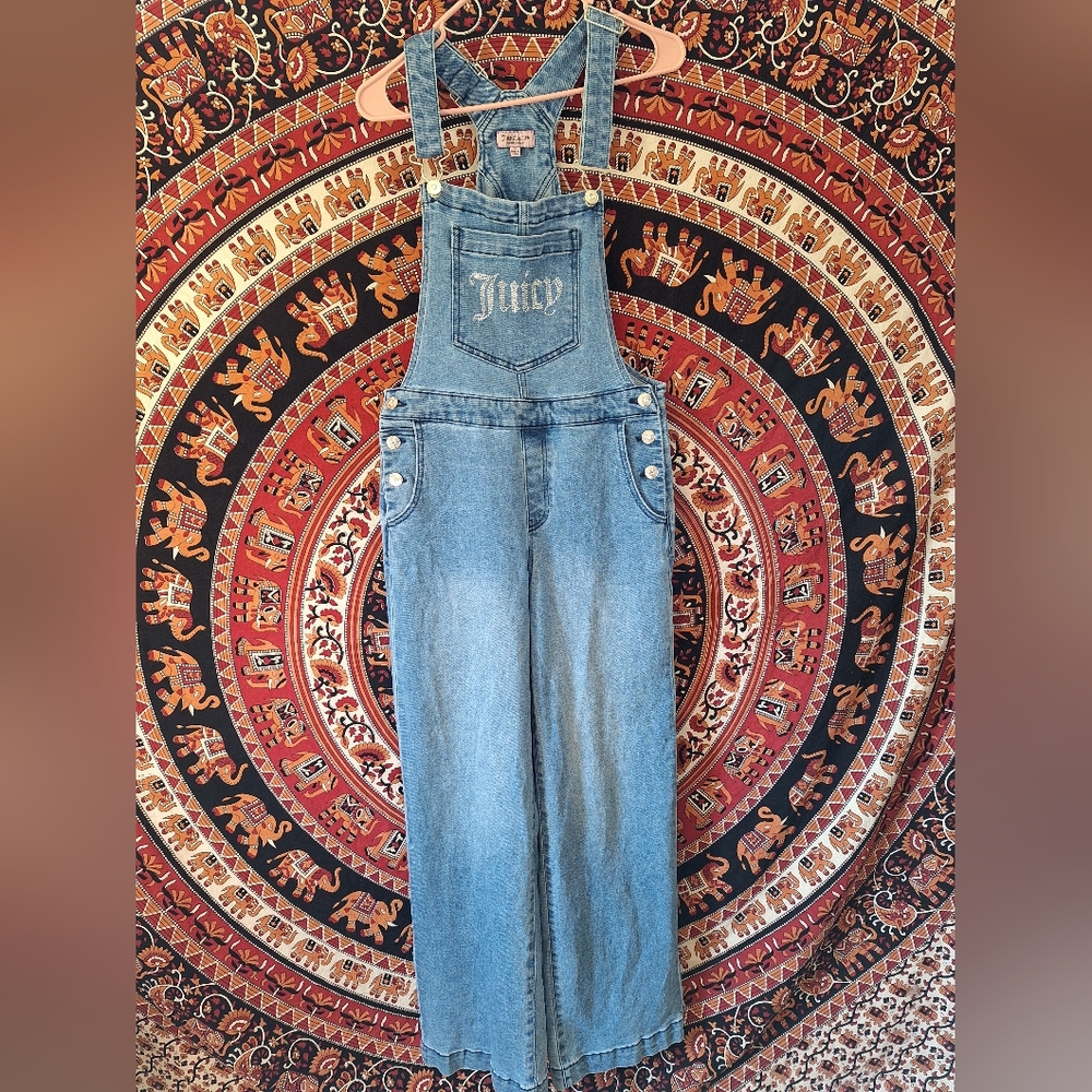 Juicy Couture Denim Rhinestone Bedazzled Wide Leg Disco Dungarees